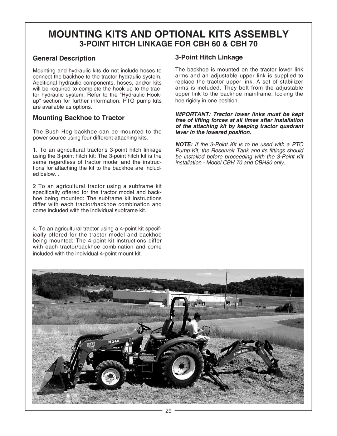 Bush Hog CBH60, CBH80, CBH70 Mounting Kits and Optional Kits Assembly, General Description, Mounting Backhoe to Tractor 