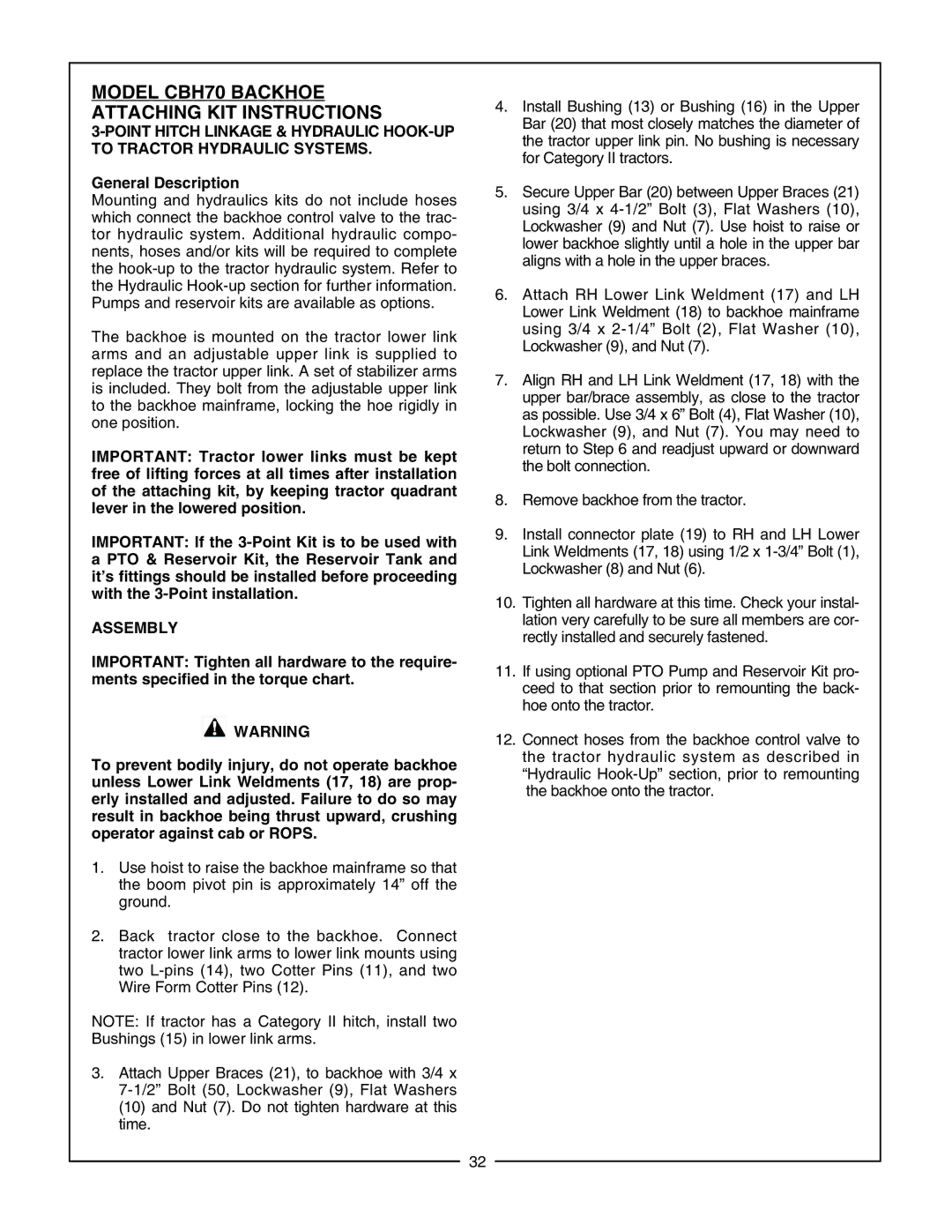 Bush Hog CBH60, CBH80 manual Model CBH70 Backhoe Attaching KIT Instructions, General Description 