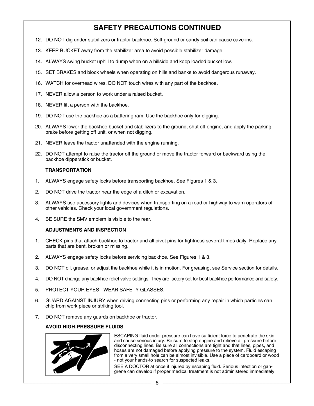 Bush Hog CBH70, CBH80, CBH60 manual Transportation, Adjustments and Inspection, Avoid HIGH-PRESSURE Fluids 