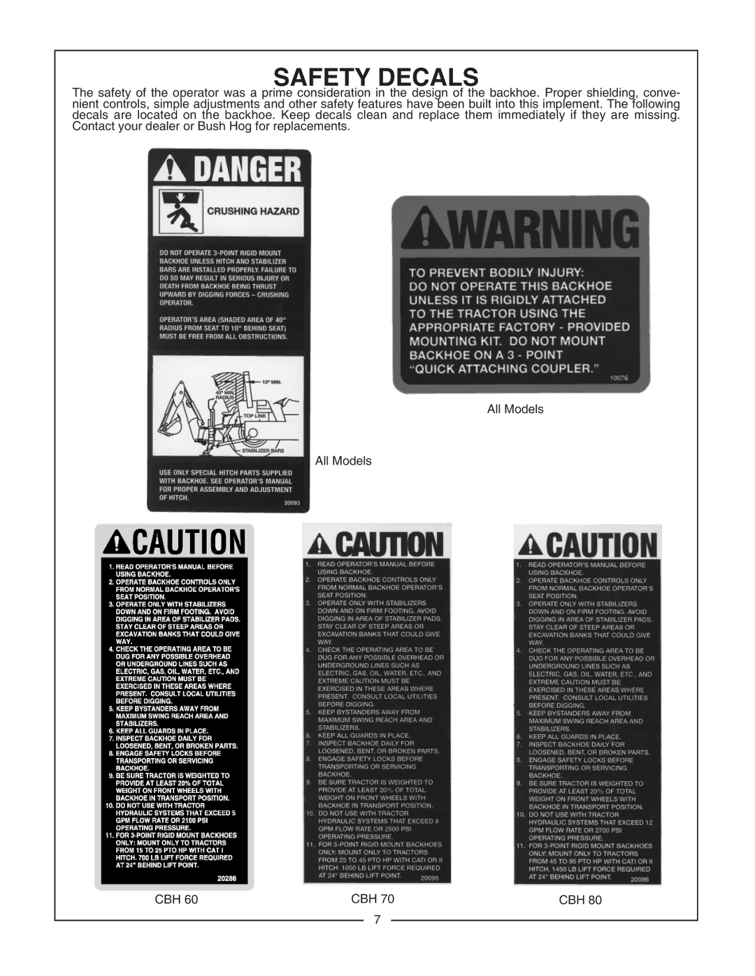 Bush Hog CBH80, CBH60, CBH70 manual Safety Decals 