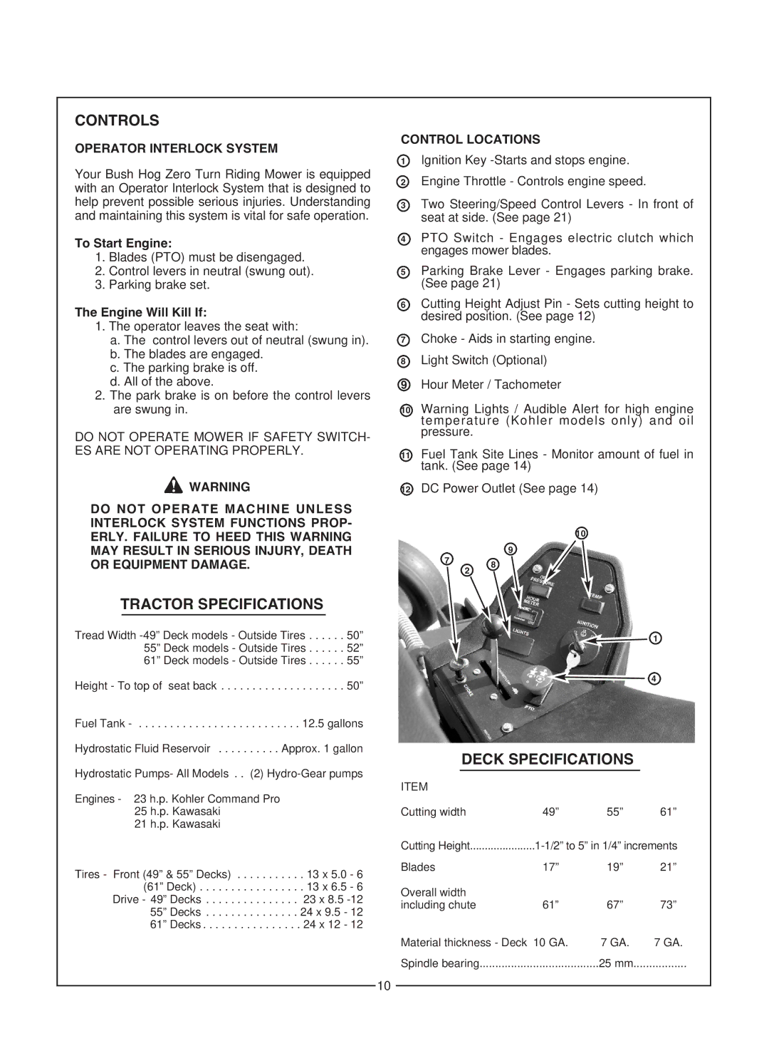 Bush Hog Commercial Series manual Controls, Tractor Specifications, Deck Specifications, Operator Interlock System 