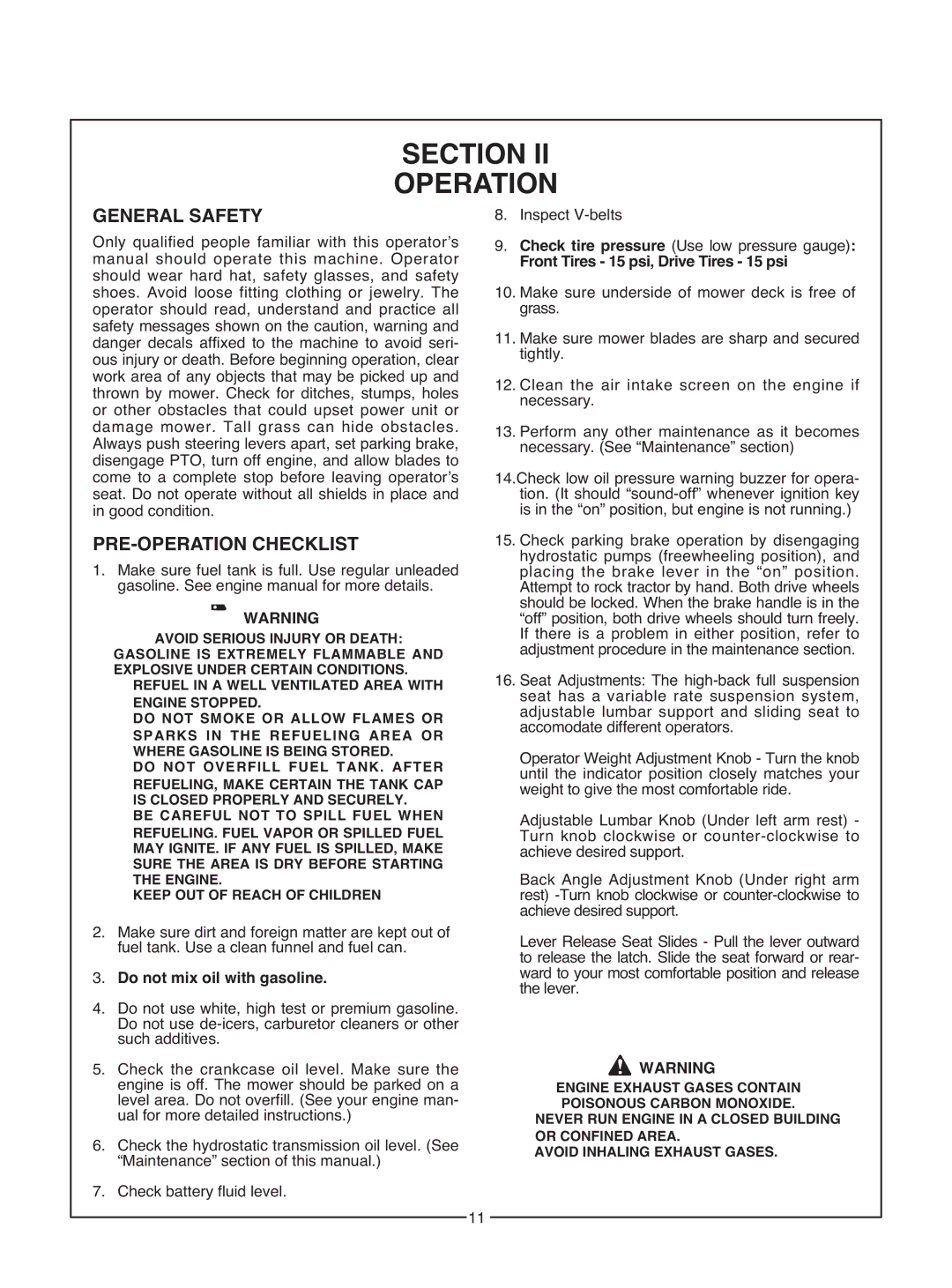 Bush Hog Commercial Series manual Section Operation, General Safety, PRE-OPERATION Checklist, Do not mix oil with gasoline 