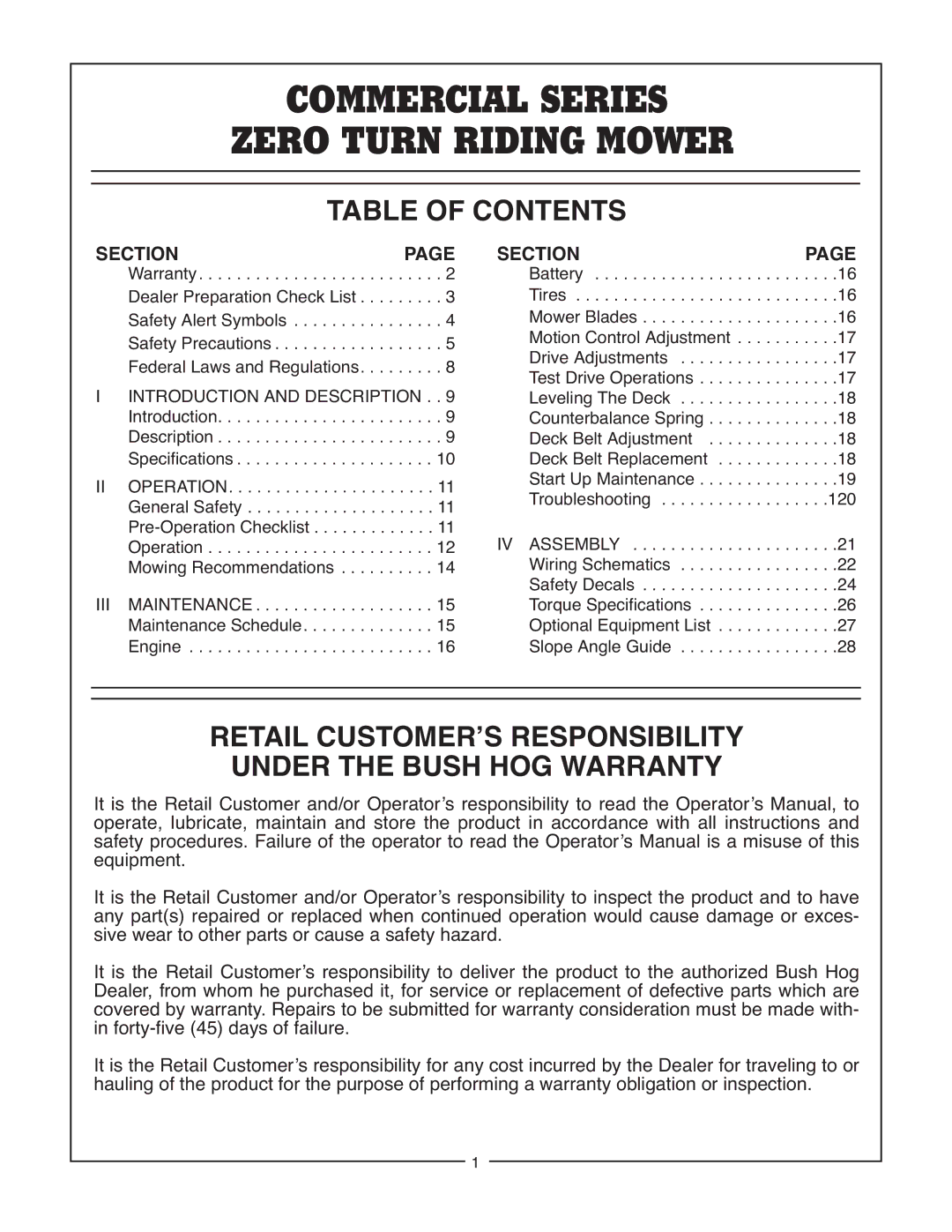 Bush Hog Commercial Series manual Table of Contents, Retail CUSTOMER’S Responsibility Under the Bush HOG Warranty 