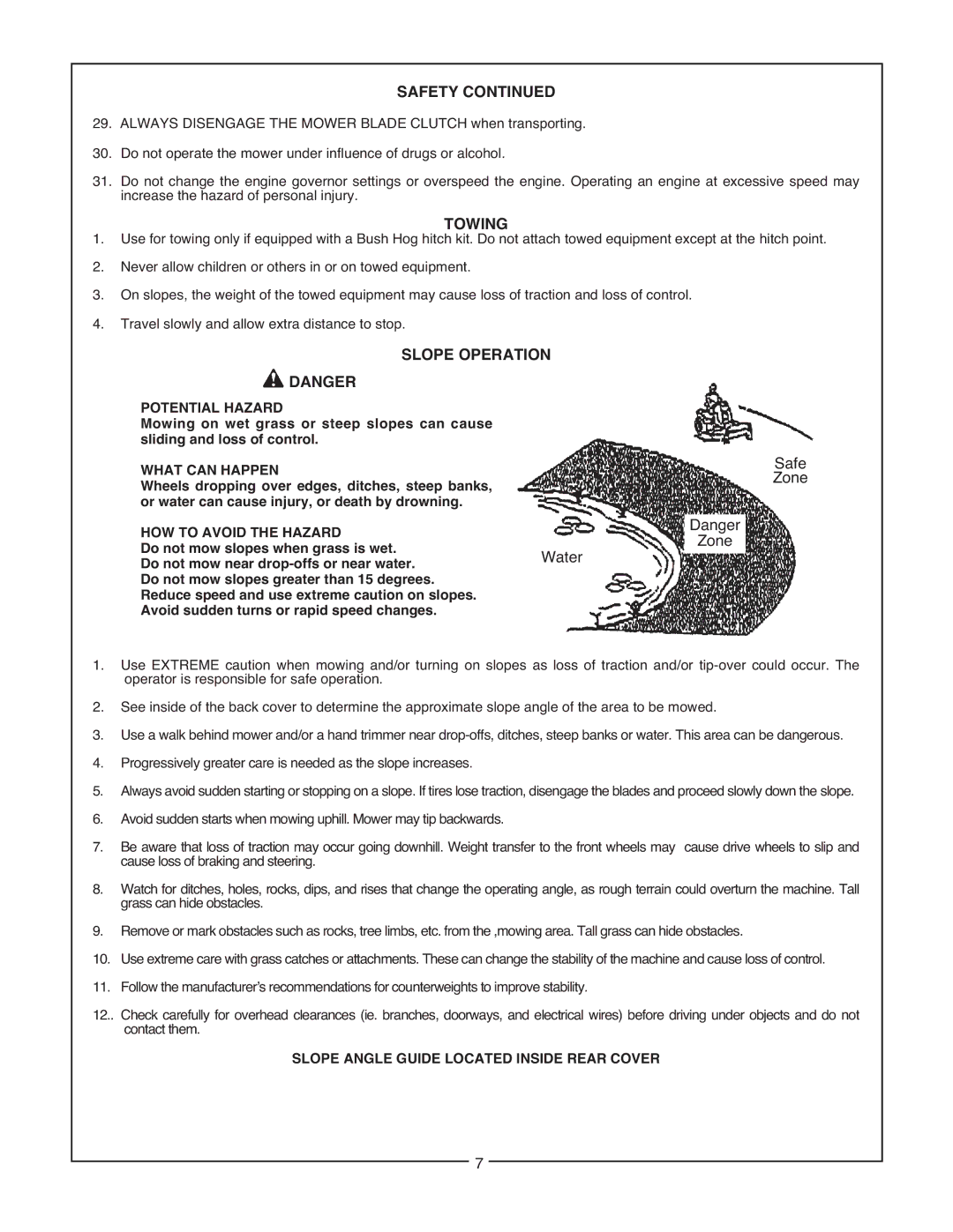 Bush Hog Commercial Series manual Towing, Slope Operation 