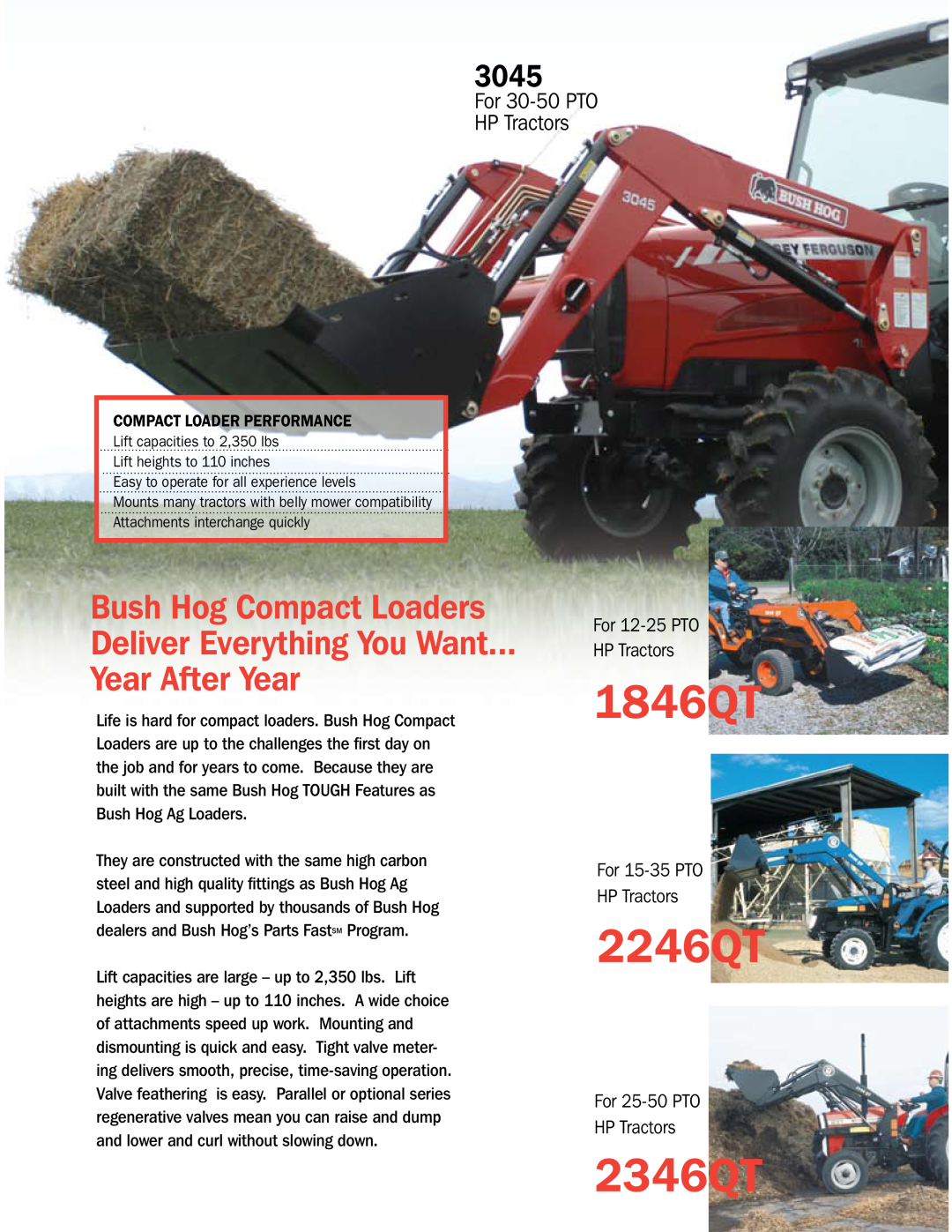 Bush Hog Compact & Ag Loaders manual 1846QT, 2246QT, 2346QT, 3045, For 30-50PTO HP Tractors, For 12-25PTO HP Tractors 