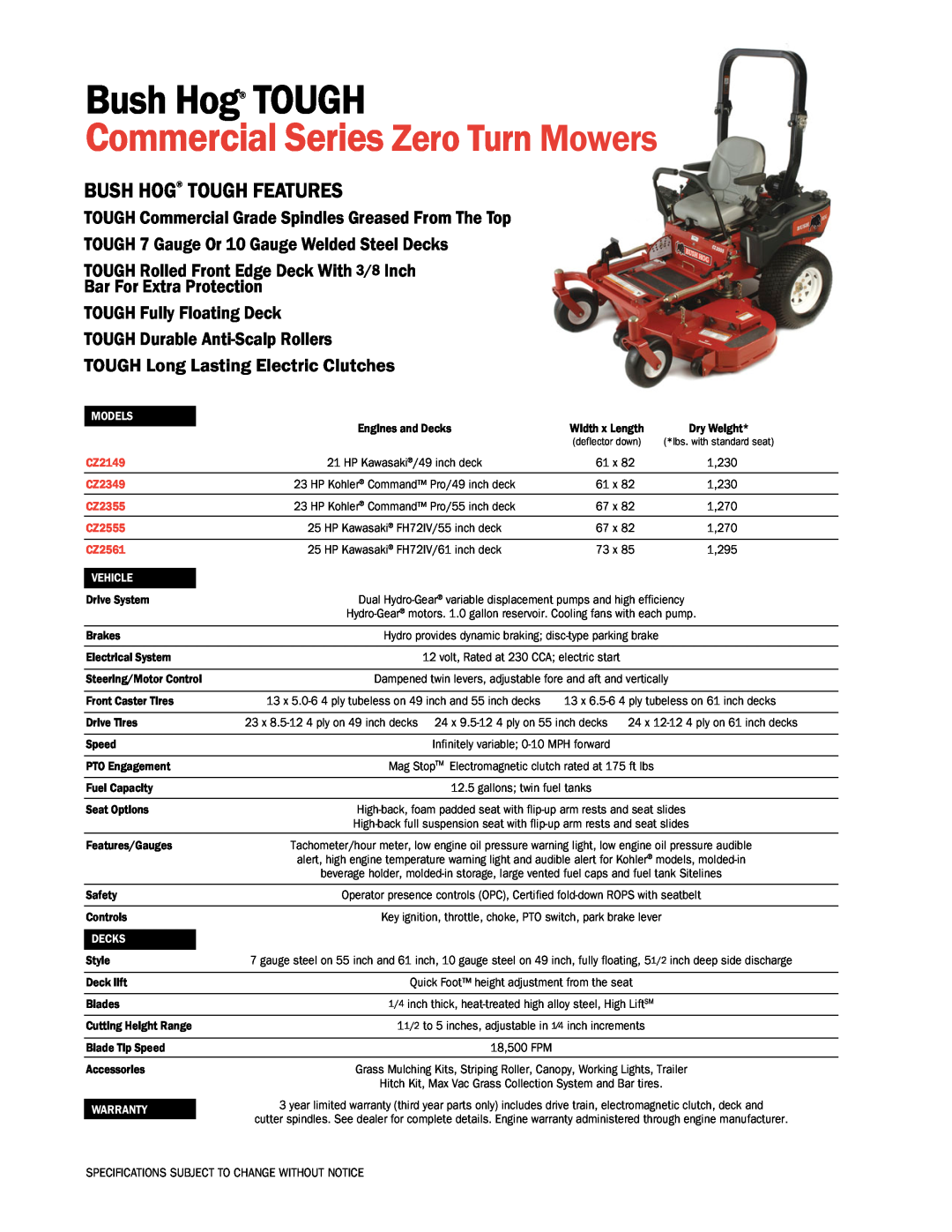 Bush Hog CZ2149 specifications Commercial Series Zero Turn Mowers, Bush Hog TOUGH Features, Bar For Extra Protection 