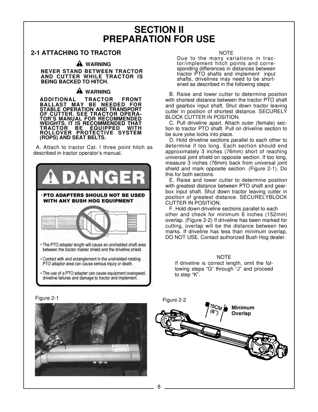 Bush Hog EFM 480/600 manual Section Preparation for USE, Attaching to Tractor 