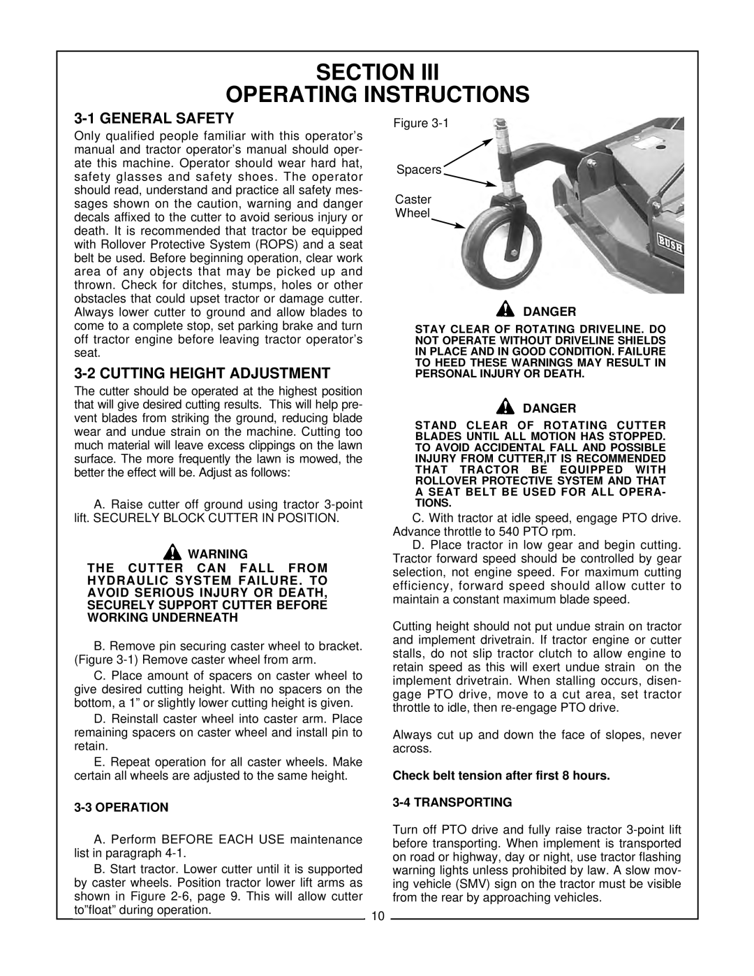 Bush Hog EFM 480/600 manual III Operating Instructions, General Safety, Cutting Height Adjustment 