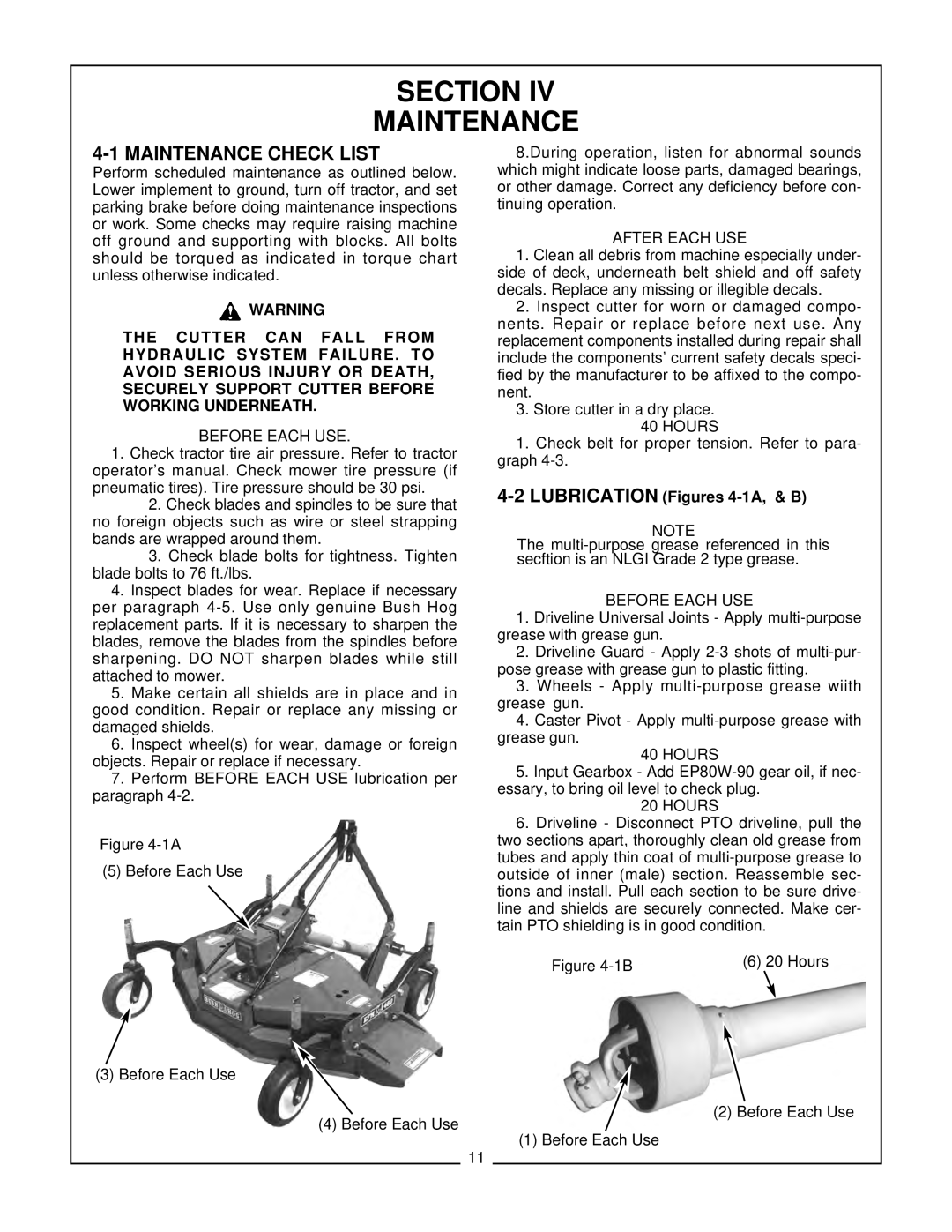 Bush Hog EFM 480/600 manual Section Maintenance, Maintenance Check List, Cutter can Fall from, Hydraulic System FAILURE. to 