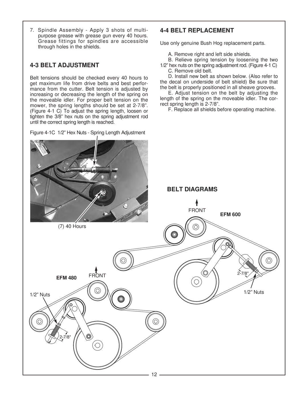 Bush Hog EFM 480/600 manual Belt Adjustment, Belt Replacement, Belt Diagrams, Front 