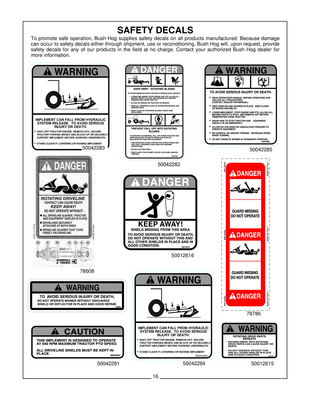 Bush Hog EFM 480/600 manual Safety Decals, 50042282 50012616 78608 