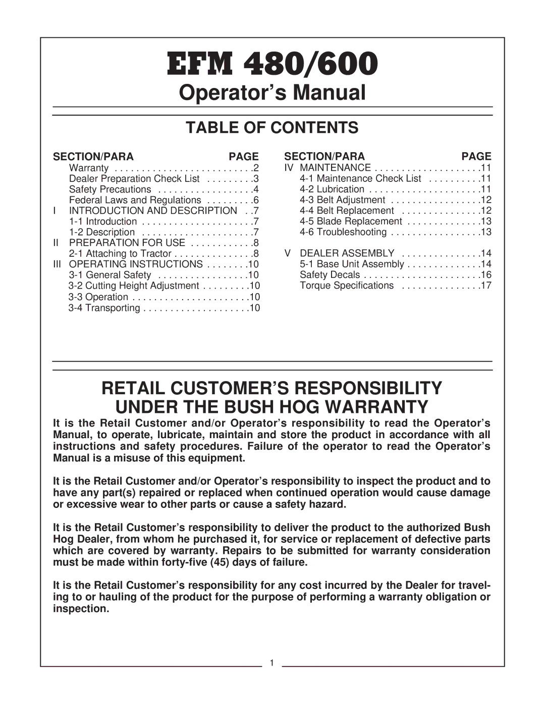 Bush Hog EFM 480/600 manual Table of Contents 