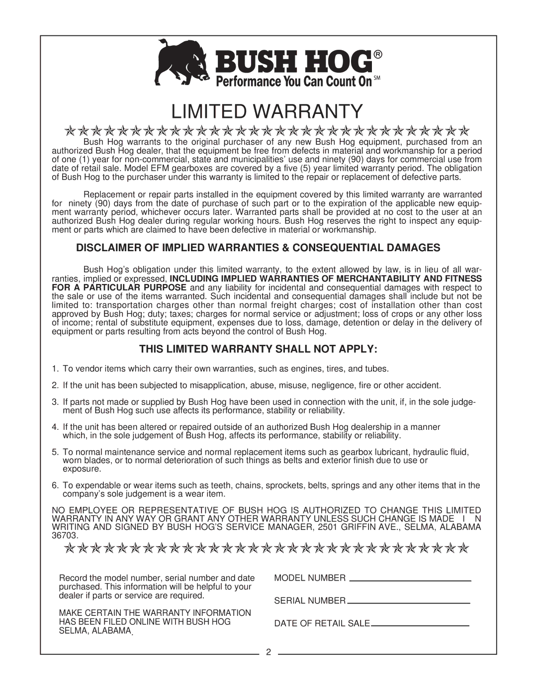 Bush Hog EFM 480/600 manual Disclaimer of Implied Warranties & Consequential Damages, This Limited Warranty Shall not Apply 