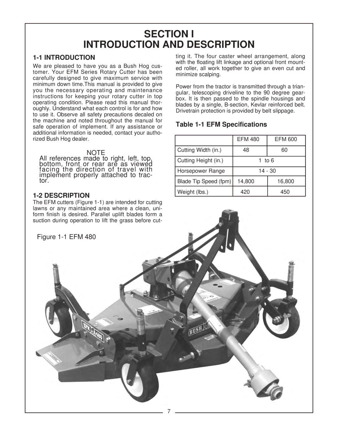 Bush Hog EFM 480/600 manual Section Introduction and Description 