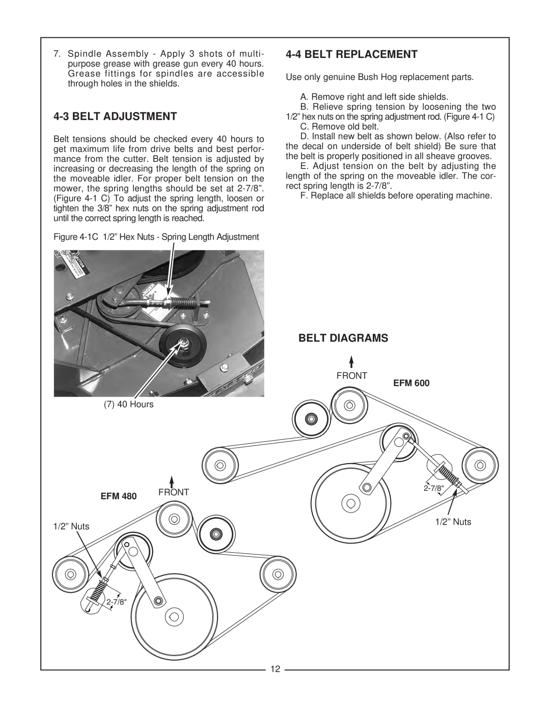 Bush Hog EFM 480/600 manual Belt Adjustment, Belt Replacement, Belt Diagrams, Front 
