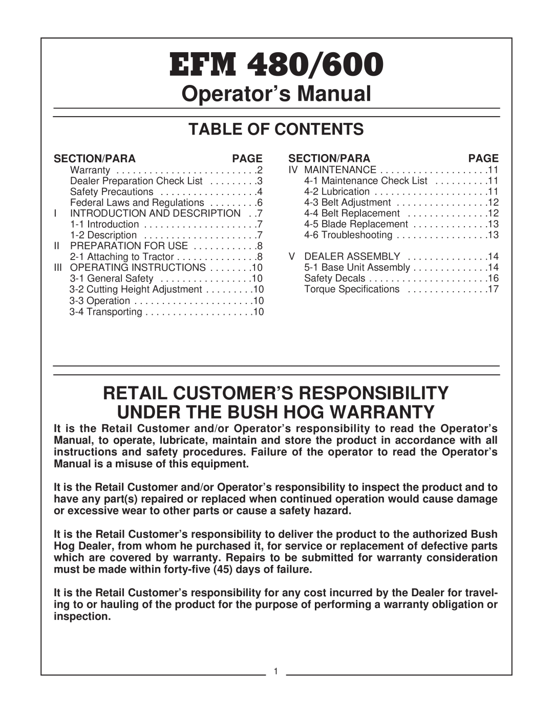 Bush Hog EFM 480/600 Table Of Contents, Operator’s Manual, Retail Customer’S Responsibility Under The Bush Hog Warranty 