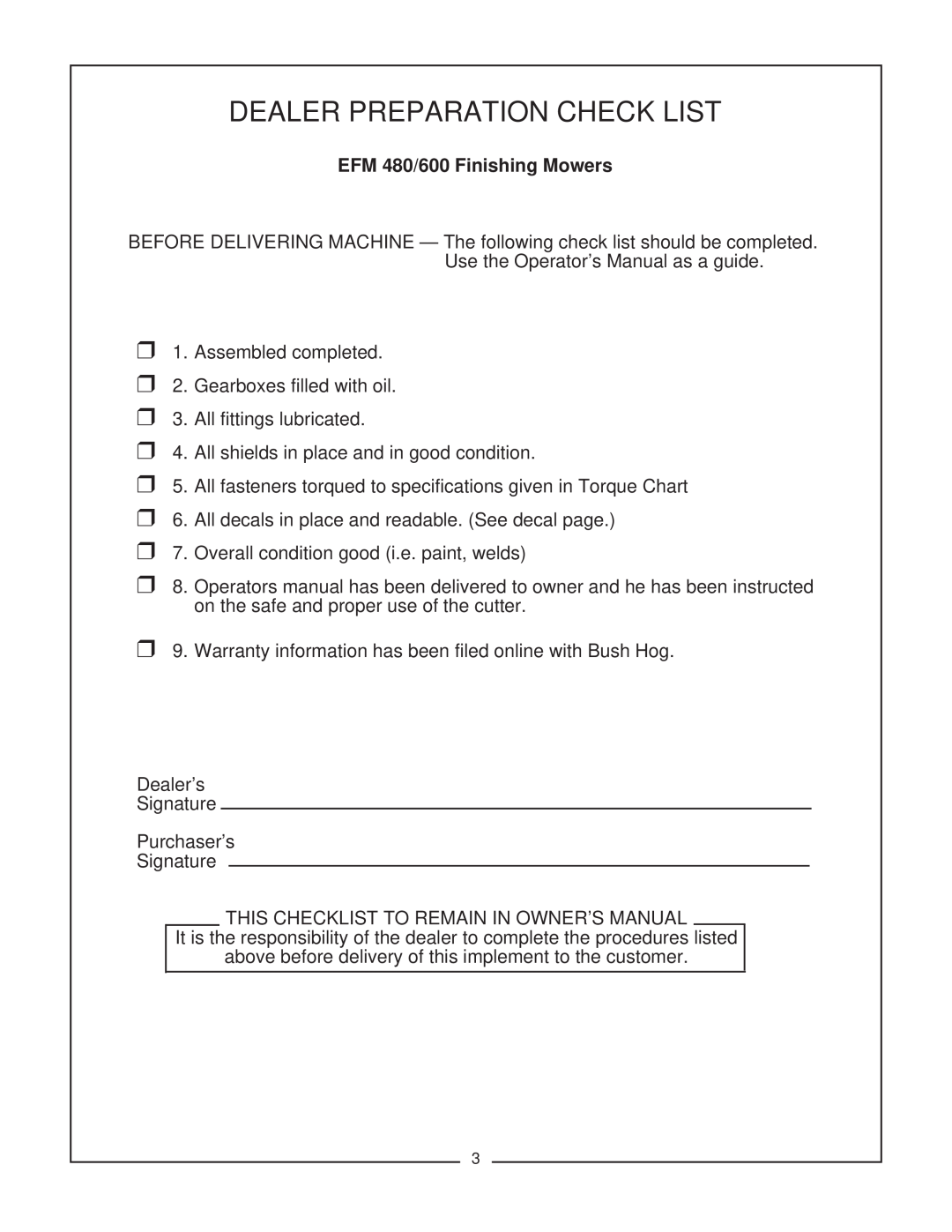 Bush Hog manual Dealer Preparation Check List, EFM 480/600 Finishing Mowers 