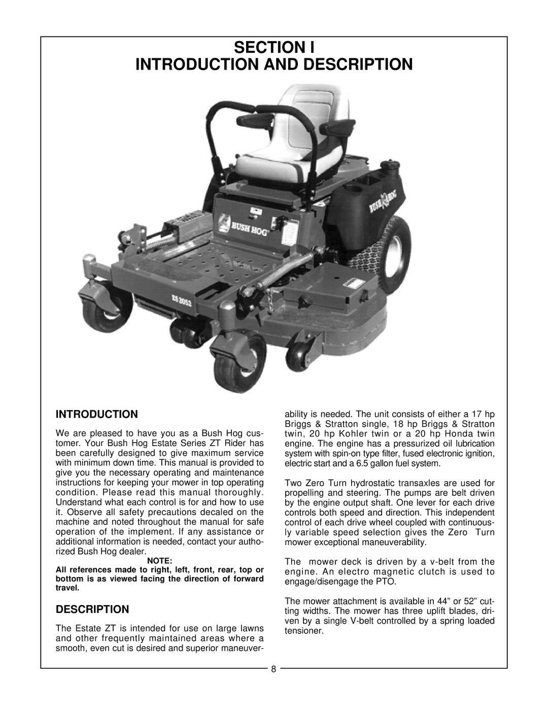 Bush Hog Estate Series manual Section Introduction and Description 