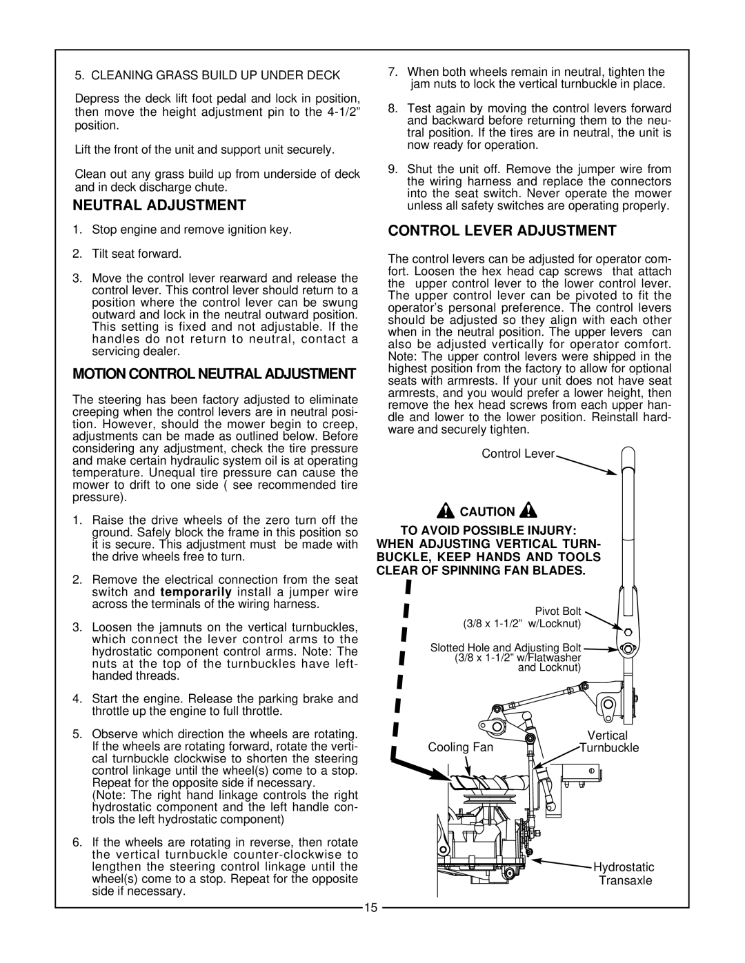 Bush Hog Estate Series manual Neutral Adjustment, Control Lever Adjustment, Cleaning Grass Build UP Under Deck 