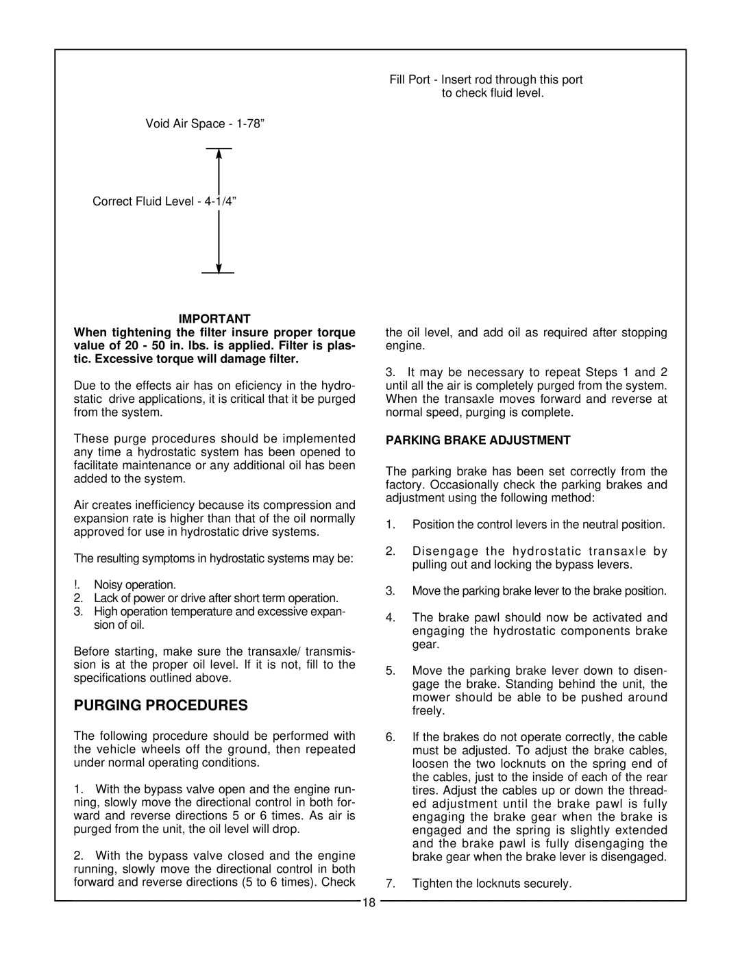 Bush Hog Estate Series manual Purging Procedures, Parking Brake Adjustment 