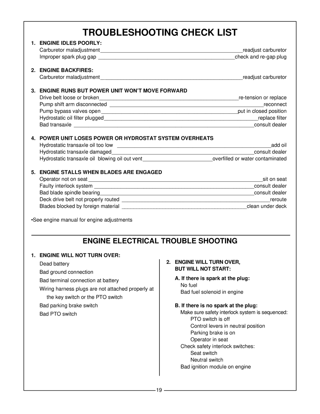 Bush Hog Estate Series manual Troubleshooting Check List 