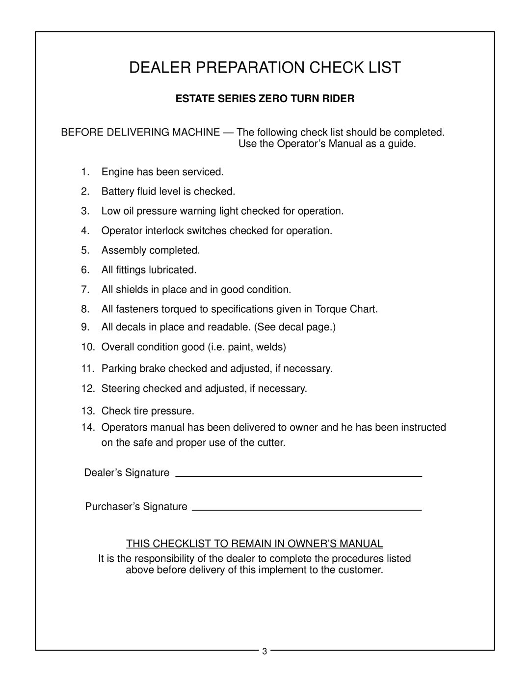 Bush Hog manual Dealer Preparation Check List, Estate Series Zero Turn Rider 