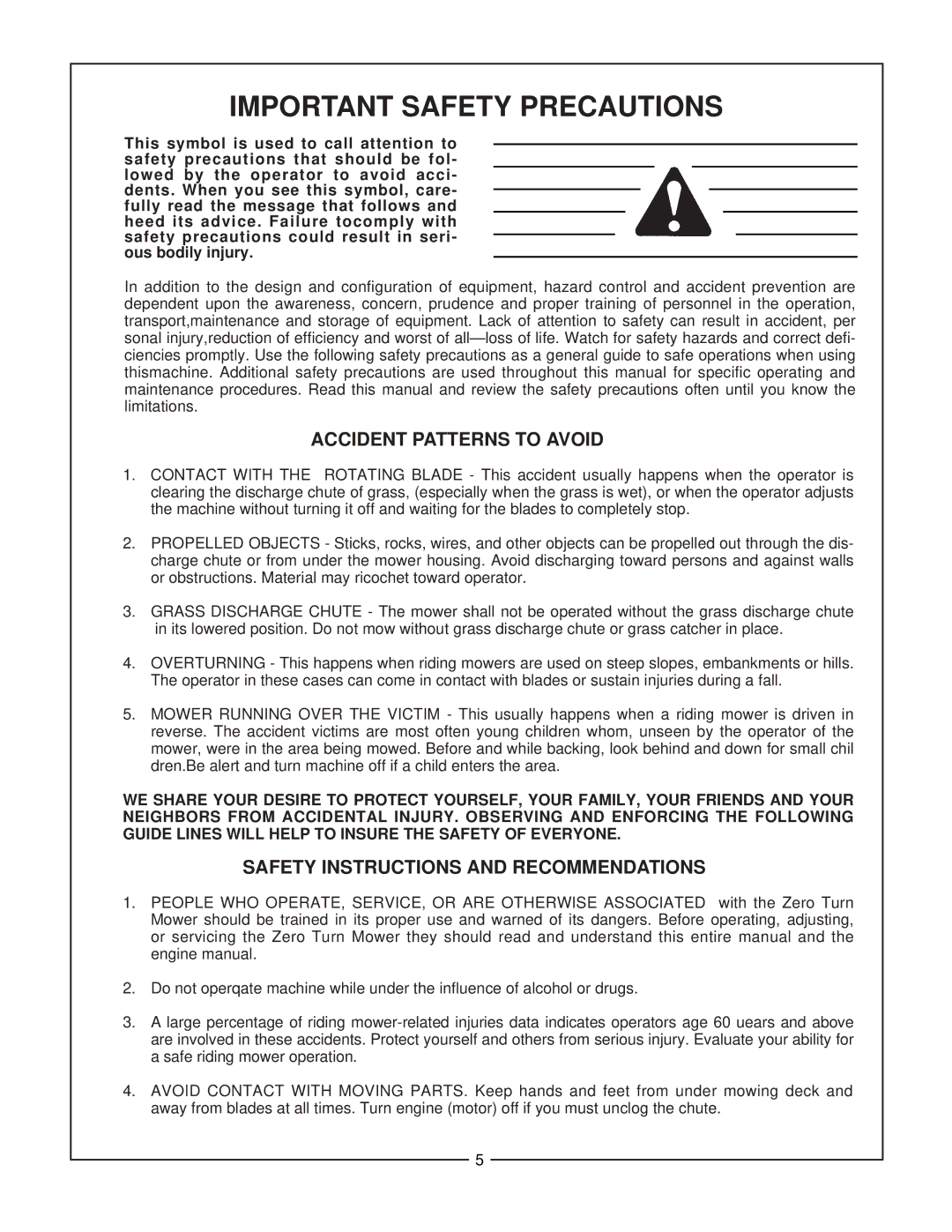 Bush Hog Estate Series Important Safety Precautions, Accident Patterns to Avoid, Safety Instructions and Recommendations 