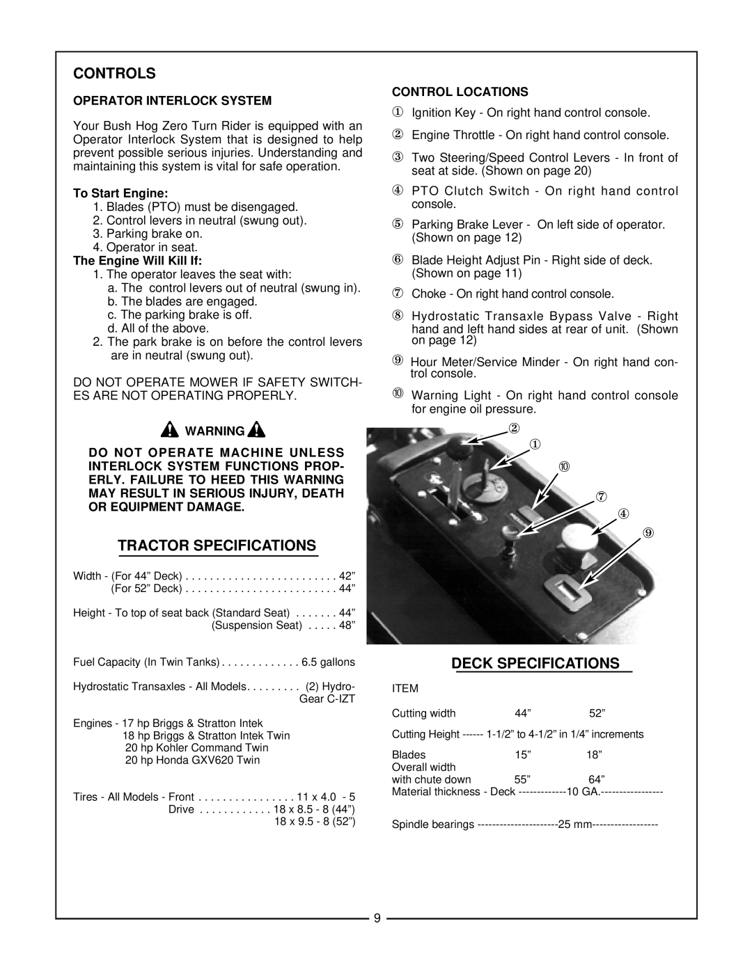Bush Hog Estate Series manual Controls, Tractor Specifications, Deck Specifications, ② ① ➉ ⑦ ④ ⑨, Operator Interlock System 