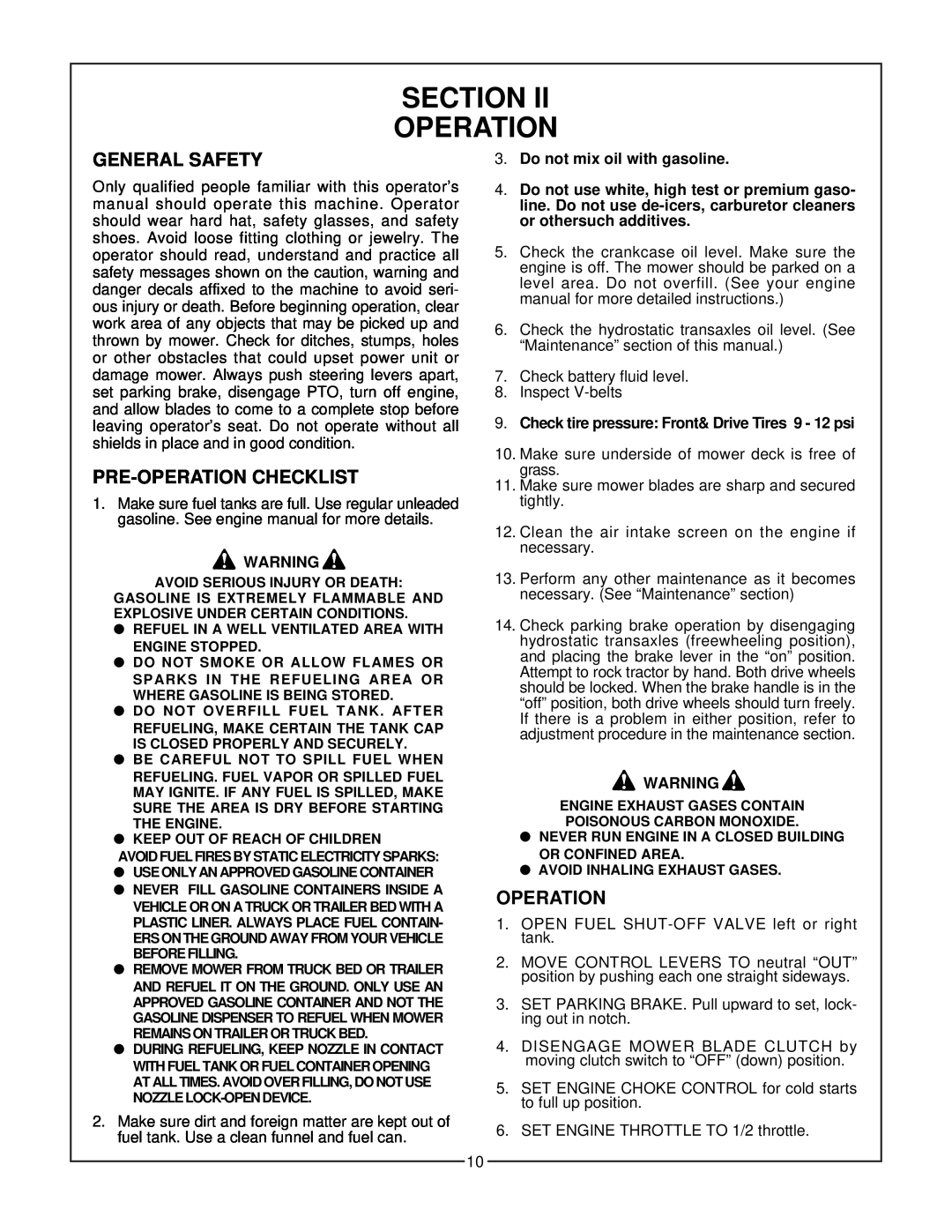 Bush Hog Estate Series manual Section Operation, General Safety, Pre-Operationchecklist, Do not mix oil with gasoline 