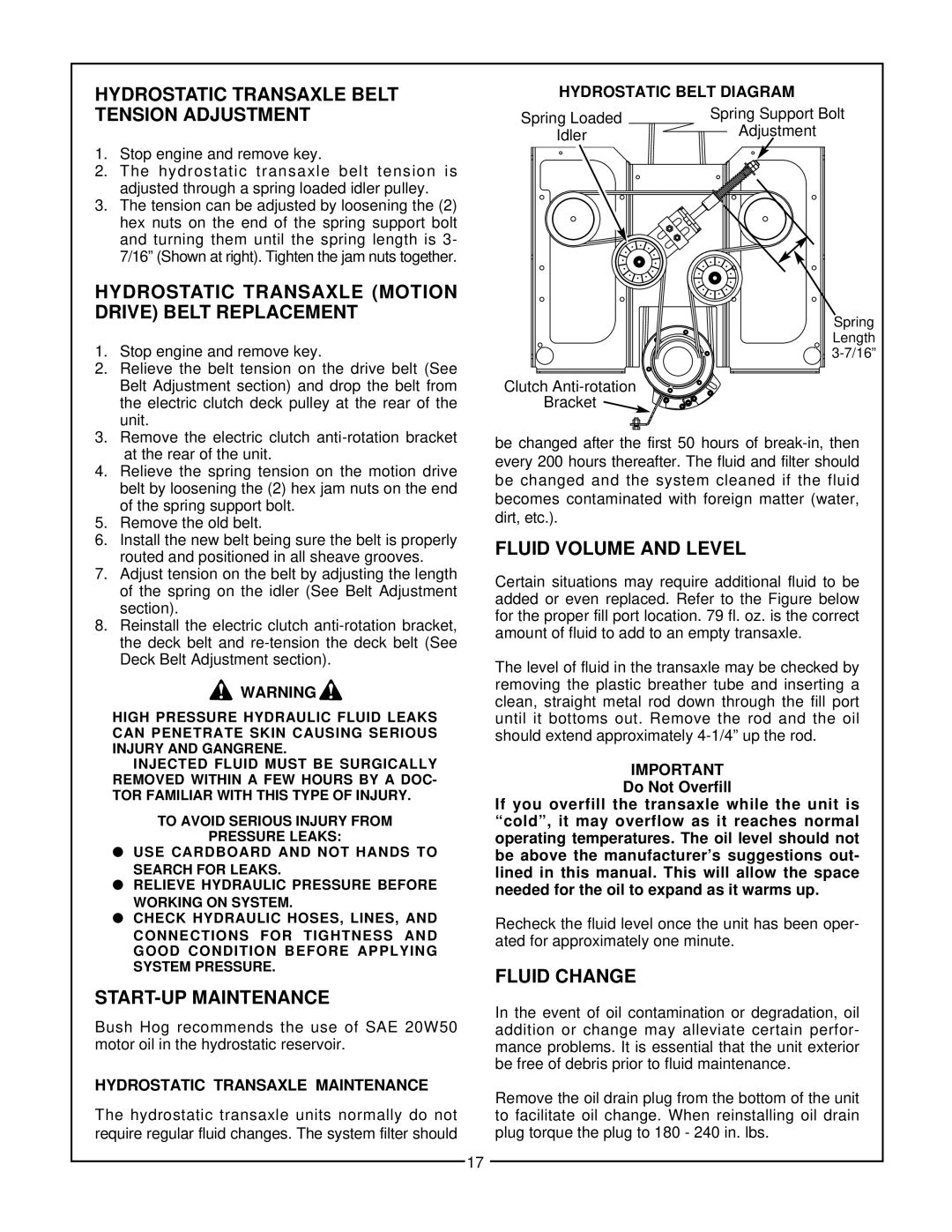 Bush Hog Estate Series manual Hydrostatic Transaxle Belt Tension Adjustment, Start-Upmaintenance, Fluid Volume And Level 