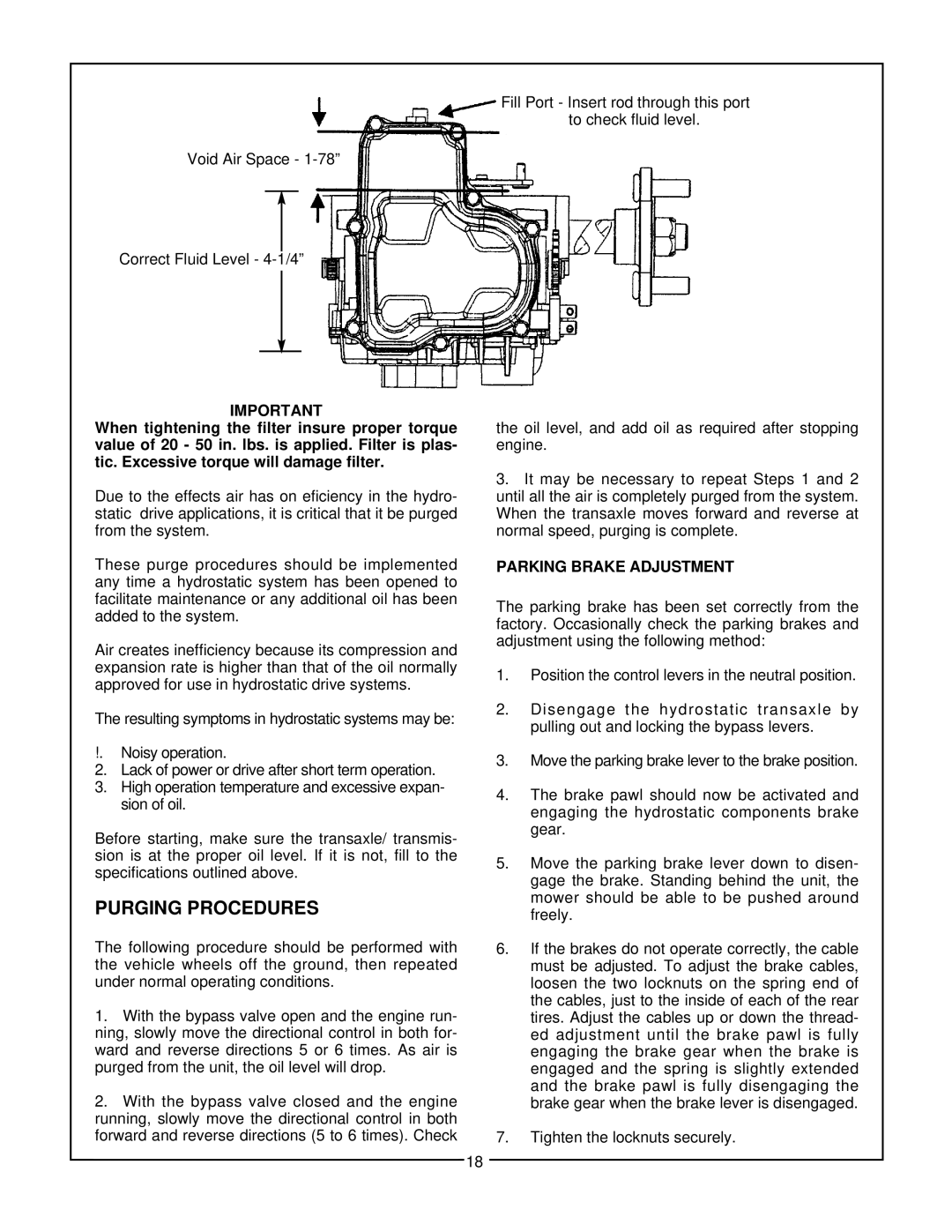 Bush Hog Estate Series manual Purging Procedures, Parking Brake Adjustment 