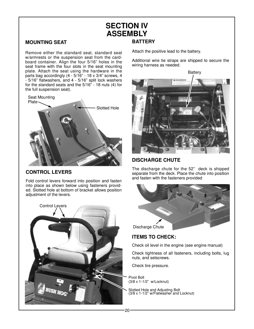 Bush Hog Estate Series manual Section Iv Assembly, Mounting Seat, Battery, Control Levers, Discharge Chute, Items To Check 
