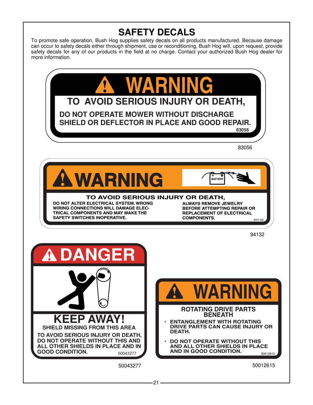 Bush Hog Estate Series Safety Decals, To Avoid Serious Injury Or Death, Danger, Keep Away, Shield Missing From This Area 