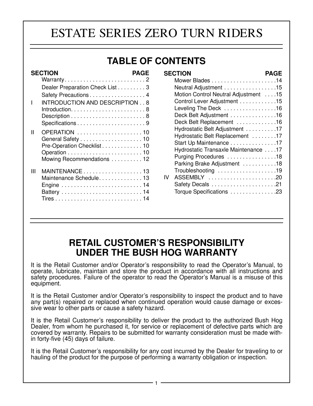 Bush Hog Estate Series manual Table Of Contents, Retail Customer’S Responsibility, Under The Bush Hog Warranty, Section 