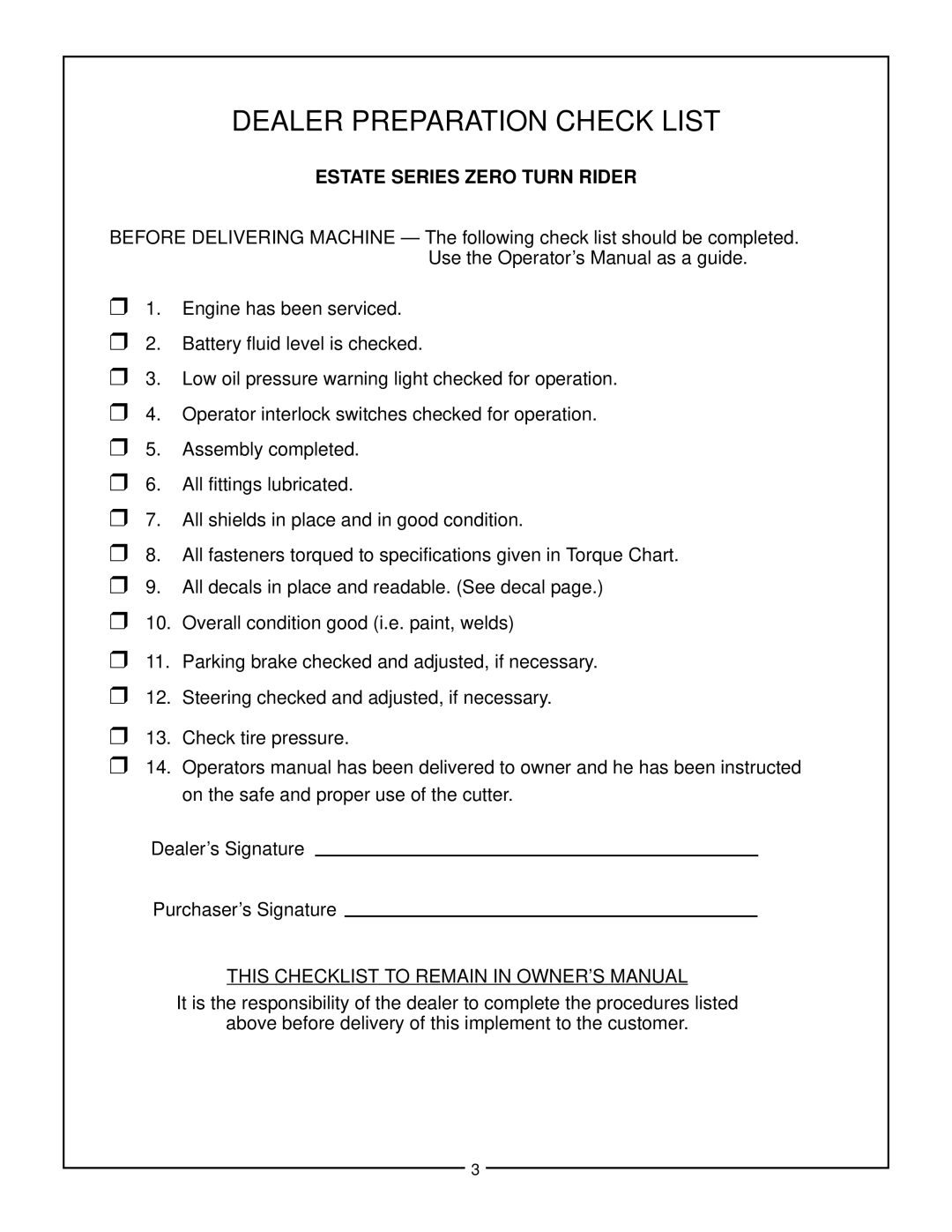Bush Hog manual Dealer Preparation Check List, Estate Series Zero Turn Rider 