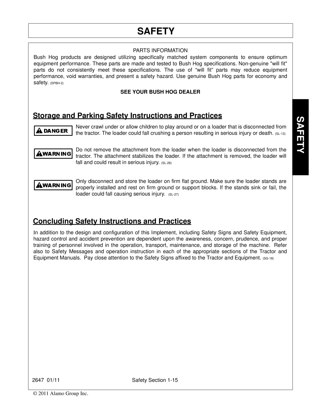 Bush Hog FC-0014 manual Storage and Parking Safety Instructions and Practices, Concluding Safety Instructions and Practices 