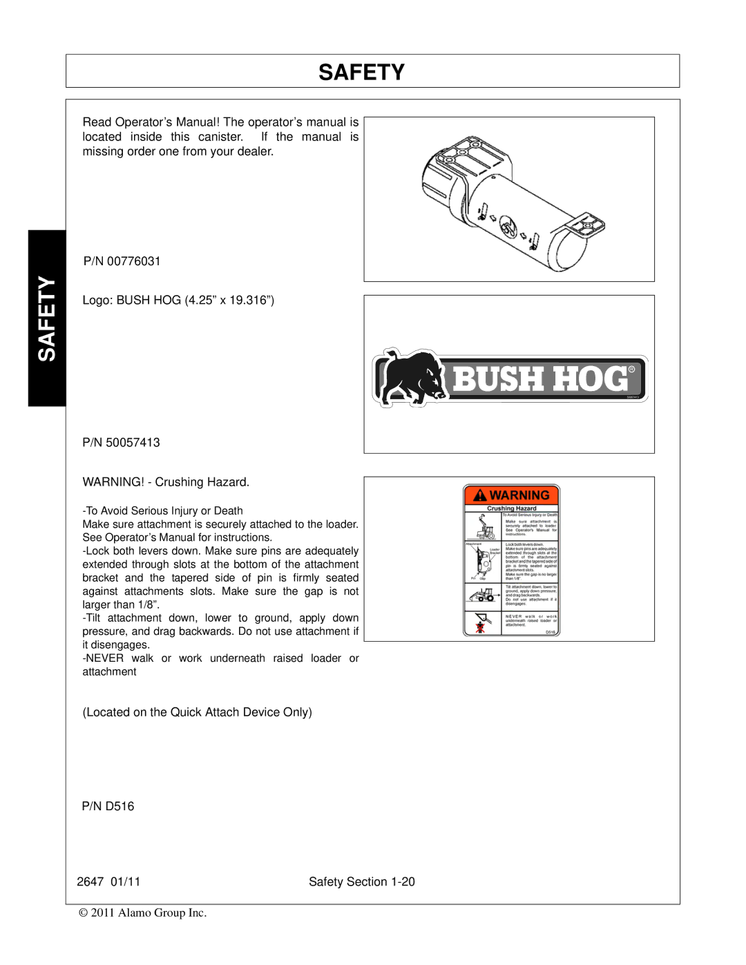 Bush Hog FC-0014 manual Safety 