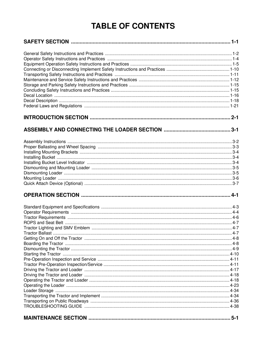 Bush Hog FC-0014 manual Table of Contents 