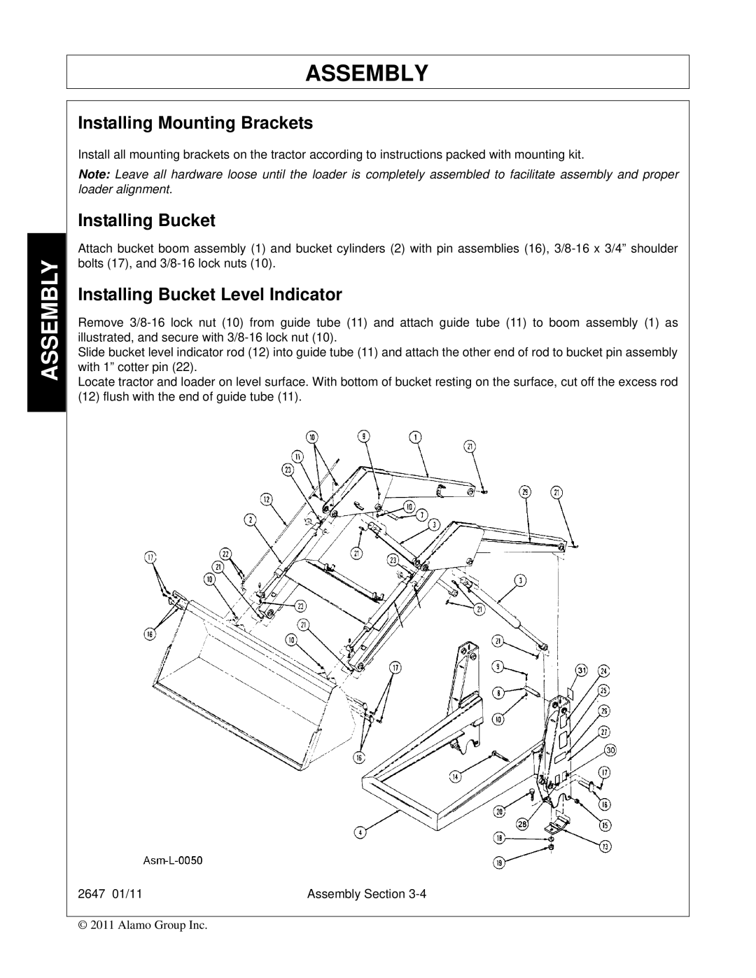 Bush Hog FC-0014 manual Installing Mounting Brackets, Installing Bucket Level Indicator 