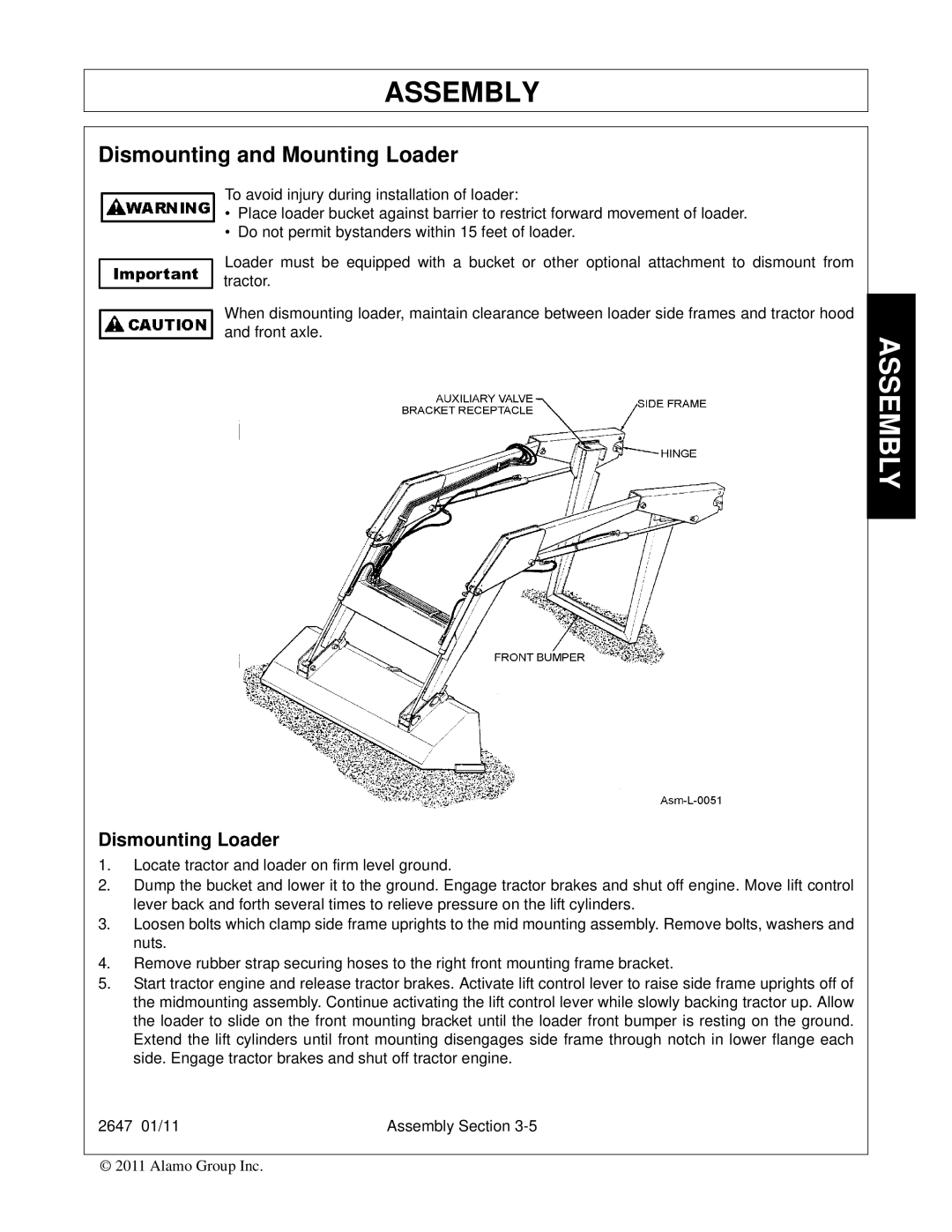 Bush Hog FC-0014 manual Dismounting and Mounting Loader, Dismounting Loader 