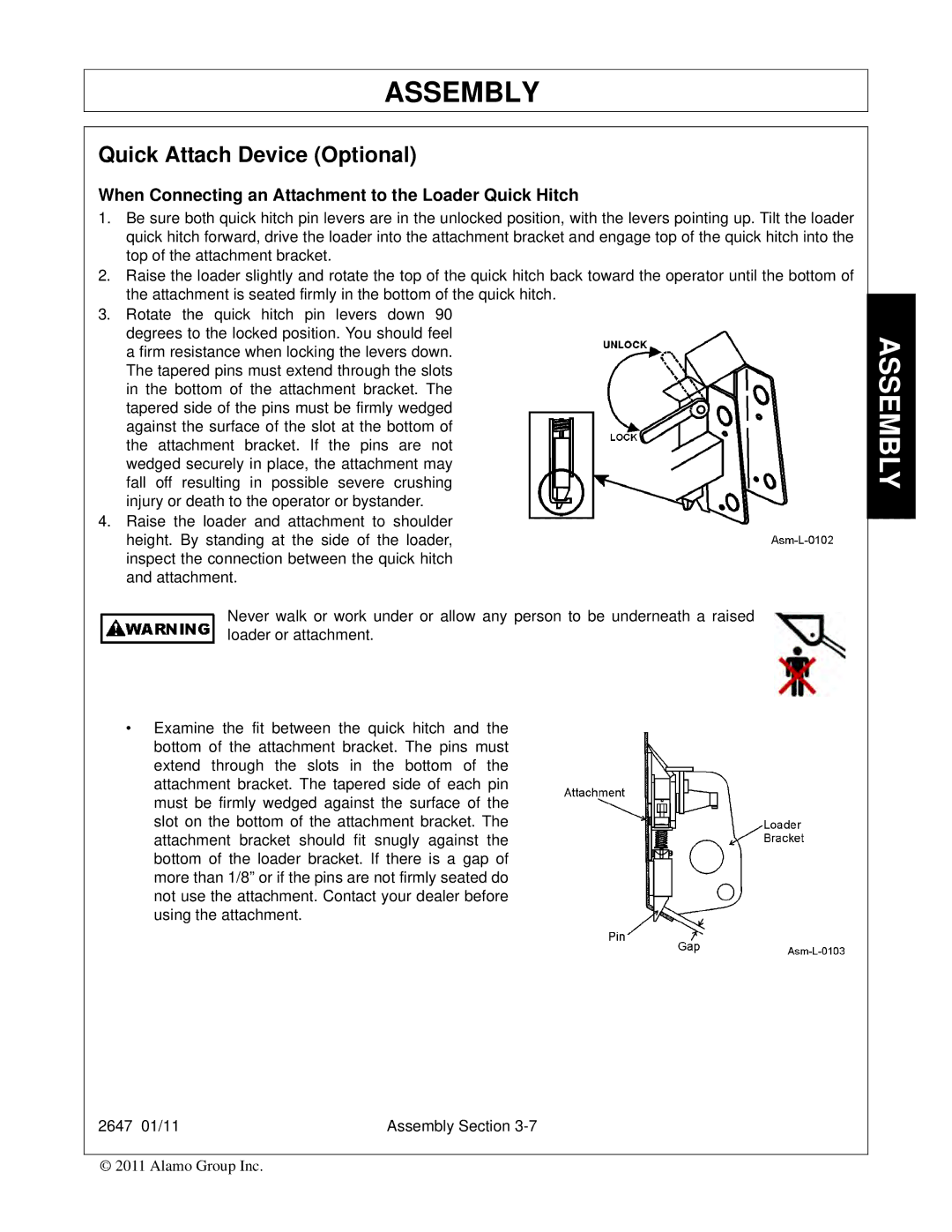 Bush Hog FC-0014 manual Quick Attach Device Optional, When Connecting an Attachment to the Loader Quick Hitch 