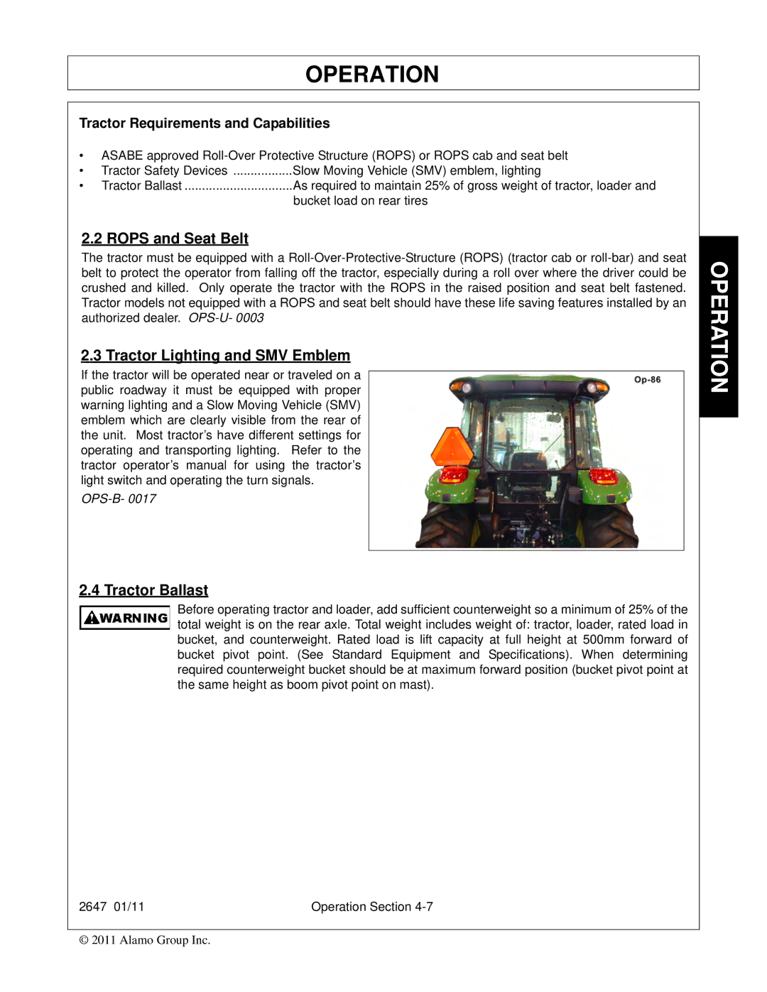 Bush Hog FC-0014 manual Rops and Seat Belt, Tractor Lighting and SMV Emblem, Tractor Ballast 