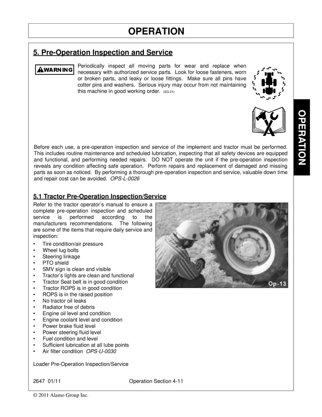 Bush Hog FC-0014 manual Pre-Operation Inspection and Service, Tractor Pre-Operation Inspection/Service 