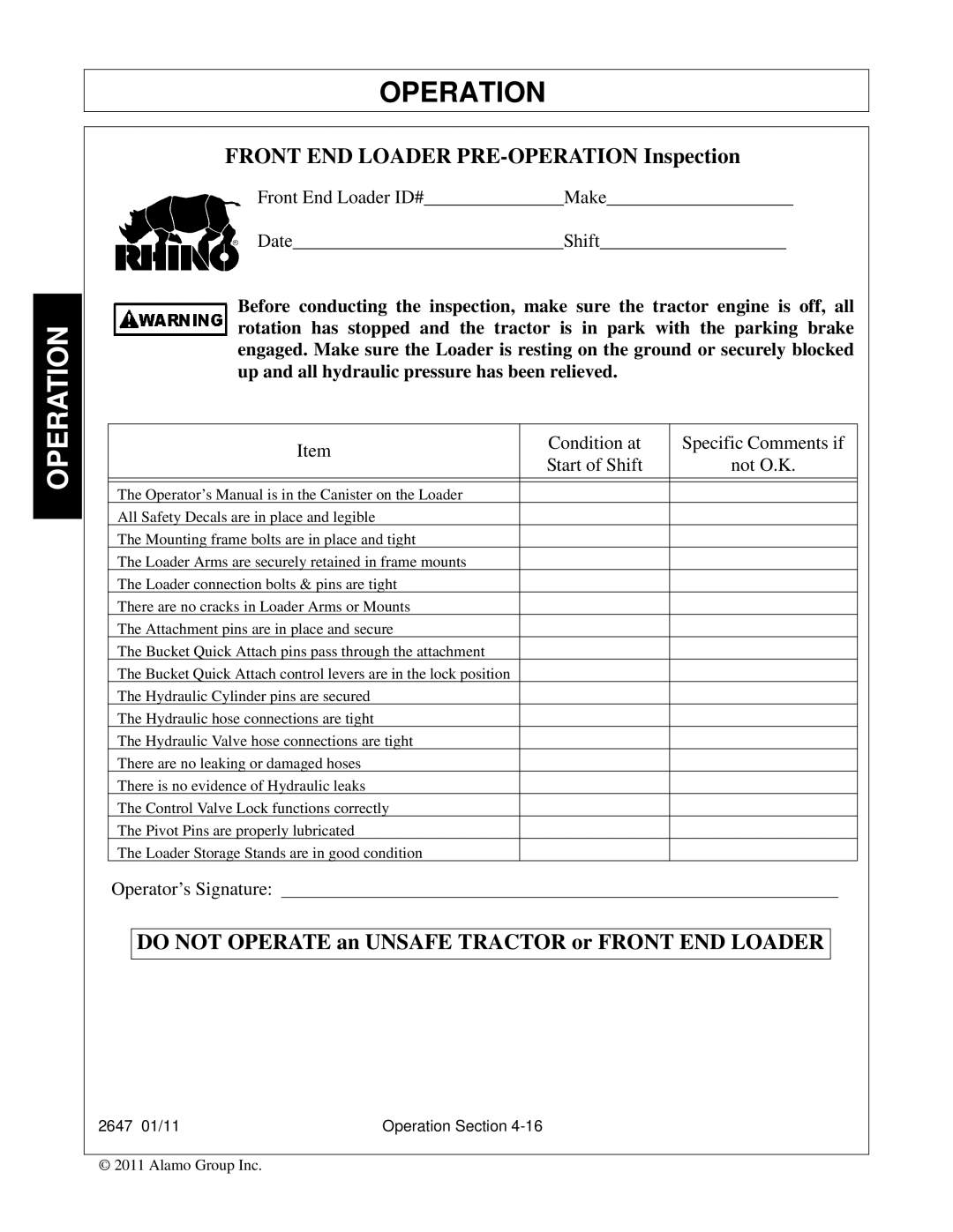 Bush Hog FC-0014 manual Front END Loader PRE-OPERATION Inspection 