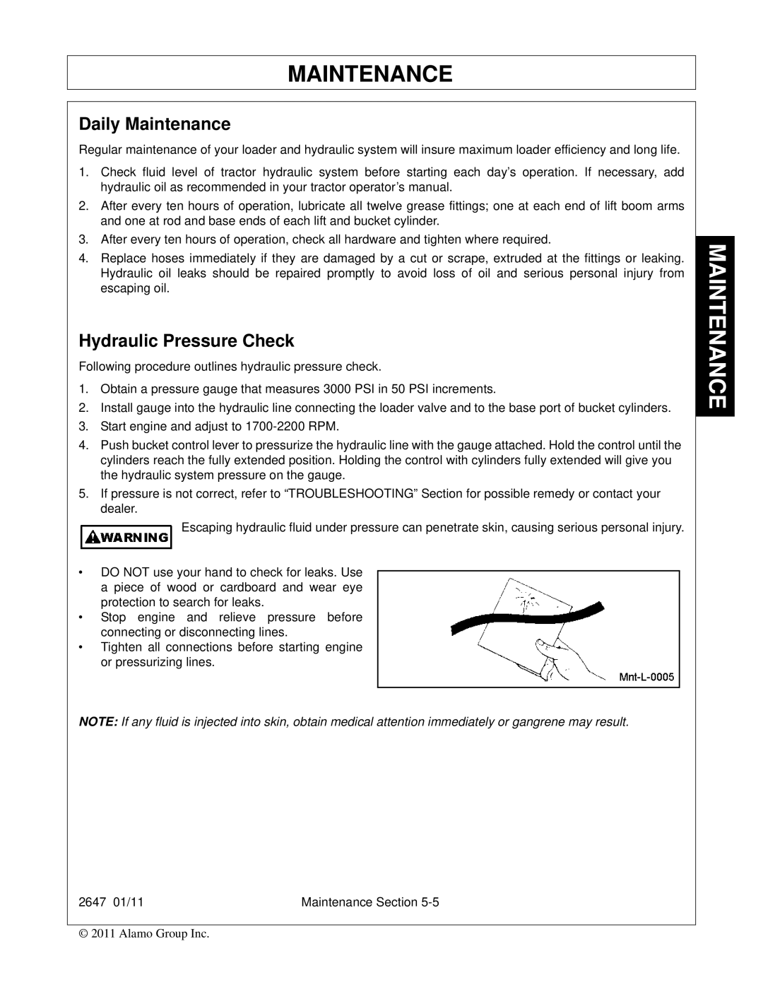 Bush Hog FC-0014 manual Daily Maintenance, Hydraulic Pressure Check 