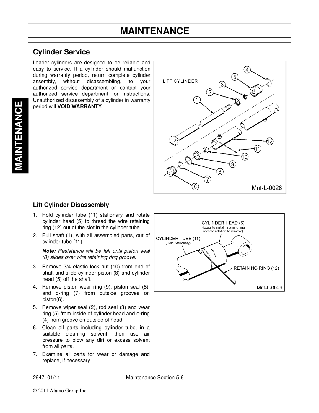 Bush Hog FC-0014 manual Cylinder Service, Lift Cylinder Disassembly 