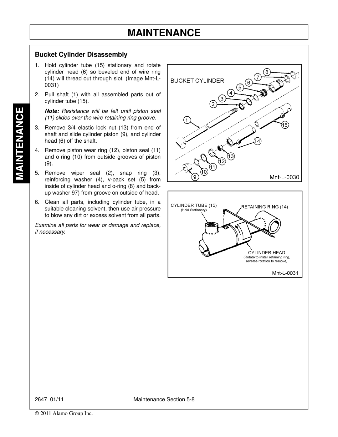 Bush Hog FC-0014 manual Bucket Cylinder Disassembly, Slides over the wire retaining ring groove 