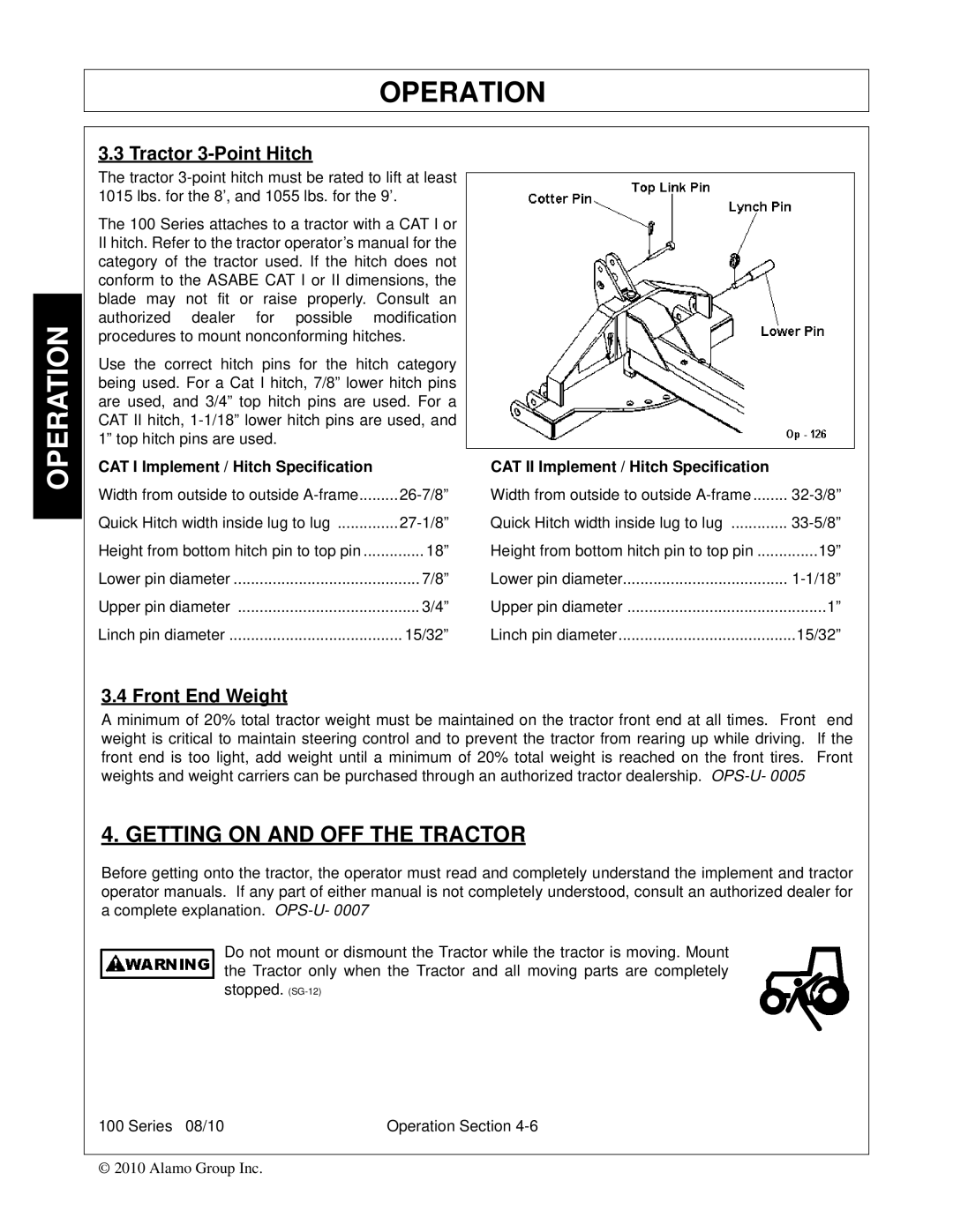 Bush Hog FC-BL-0002 manual Getting on and OFF the Tractor, Tractor 3-Point Hitch, Front End Weight 