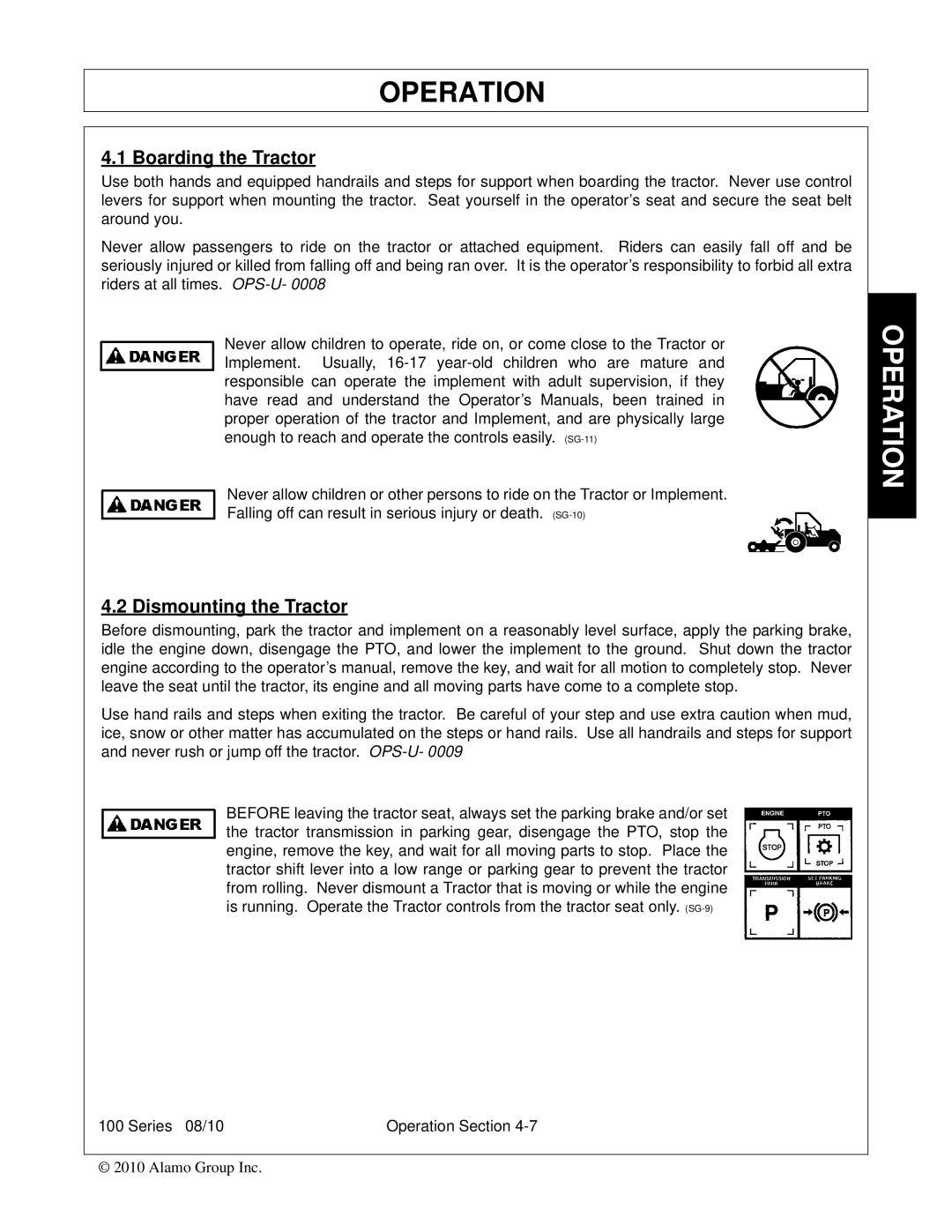 Bush Hog FC-BL-0002 manual Boarding the Tractor, Dismounting the Tractor 