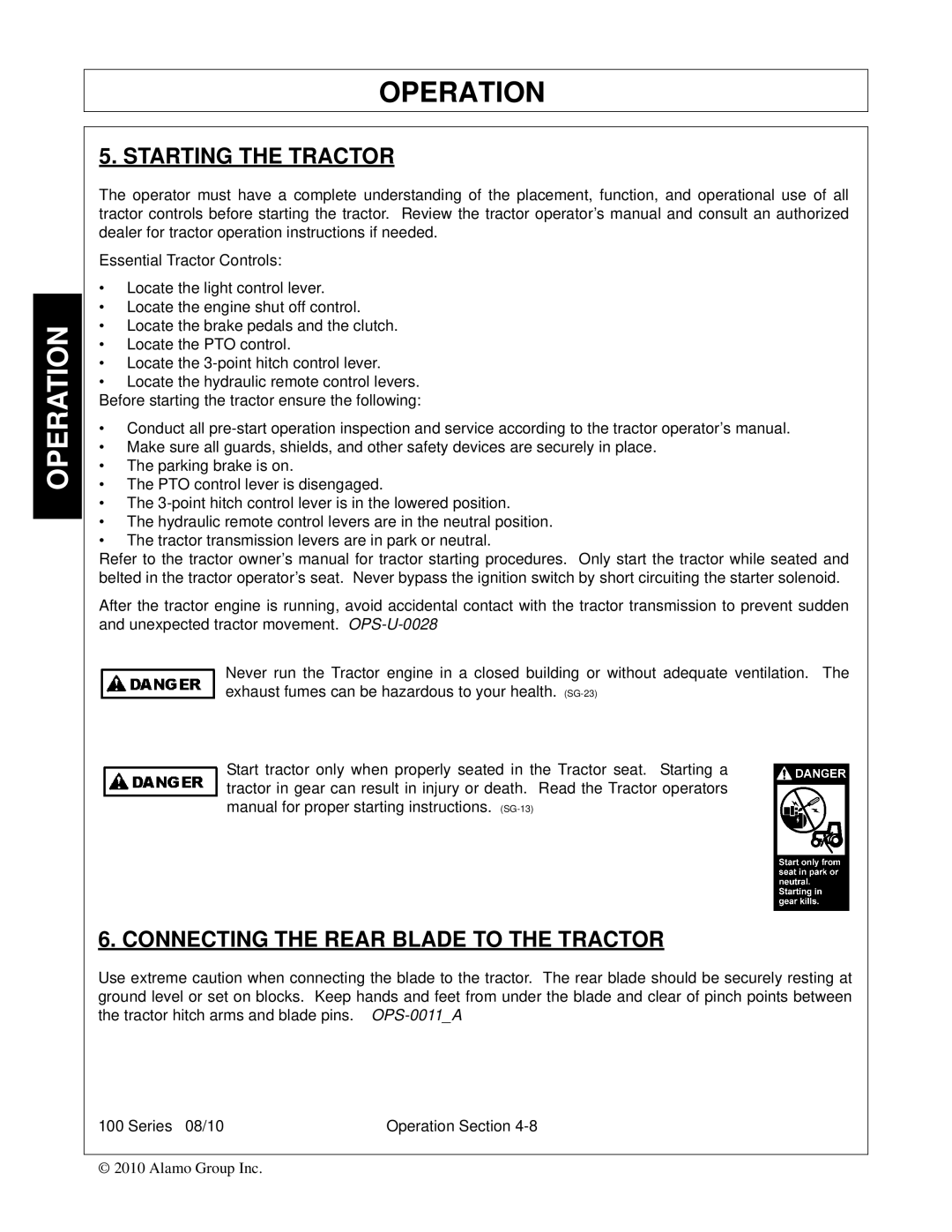 Bush Hog FC-BL-0002 manual Starting the Tractor, Connecting the Rear Blade to the Tractor 